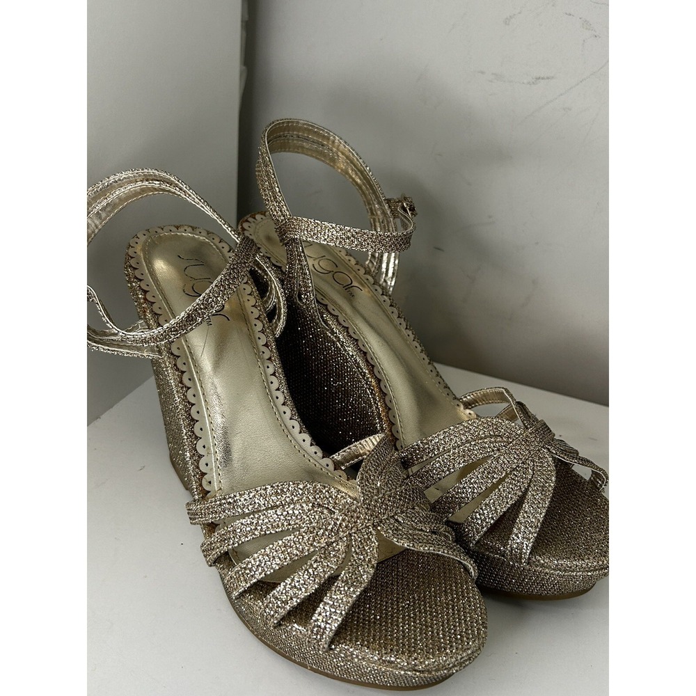 Sugar CAPRICORN Champagne Glitz Fabric Ankle Strap Wedge Sandals Women's 8.5 M